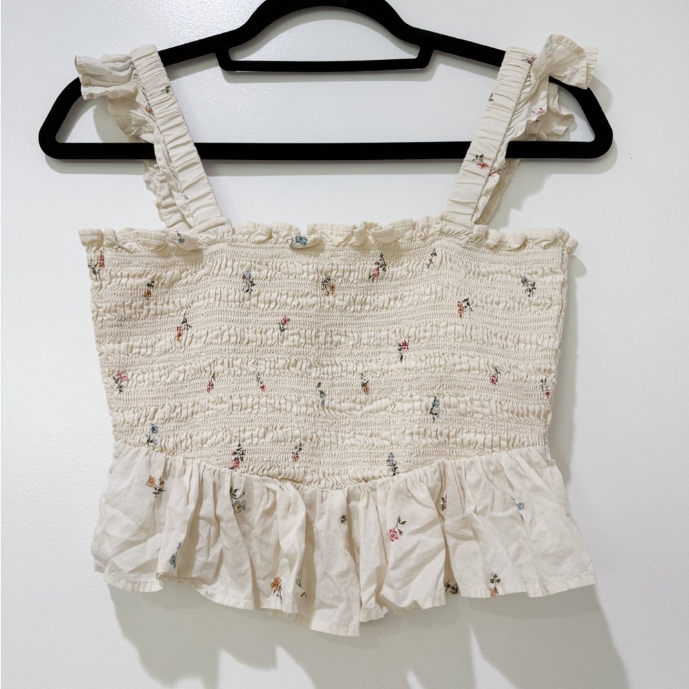 American Eagle Outfitters Cream Floral Smocked Tank Top